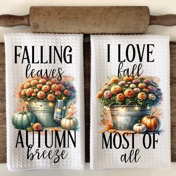 Fall Leaves Kitchen Towel Set, Autumn Breeze Floral Dish Towels, Autumn Towel - Picture 1 of 10